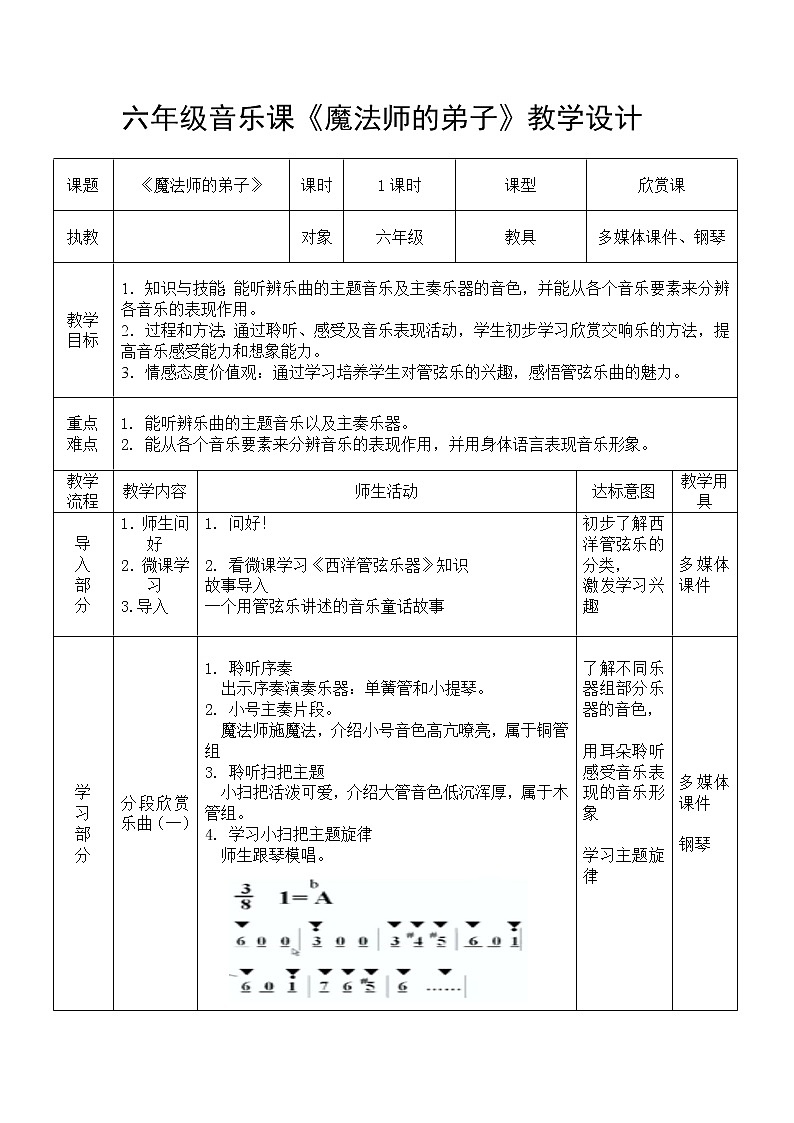六年级上册音乐教案-3《魔法师的弟子》︳人音版（五线谱）(1)01