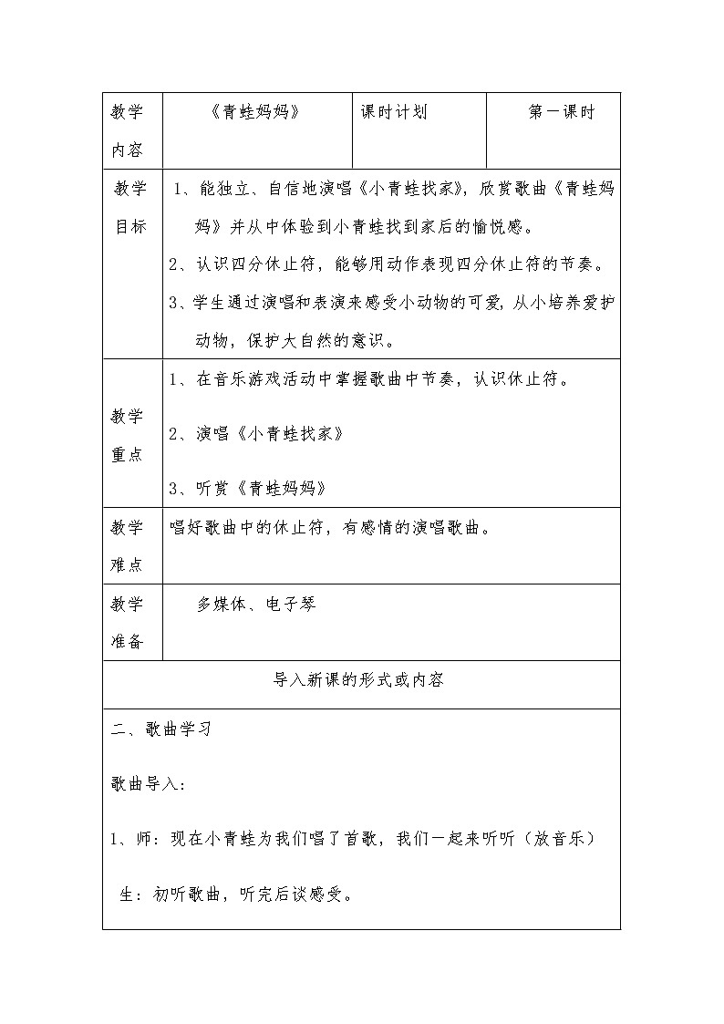 湘艺版 一年级上册音乐 第八课 （听赏）青蛙妈妈 教案第1页