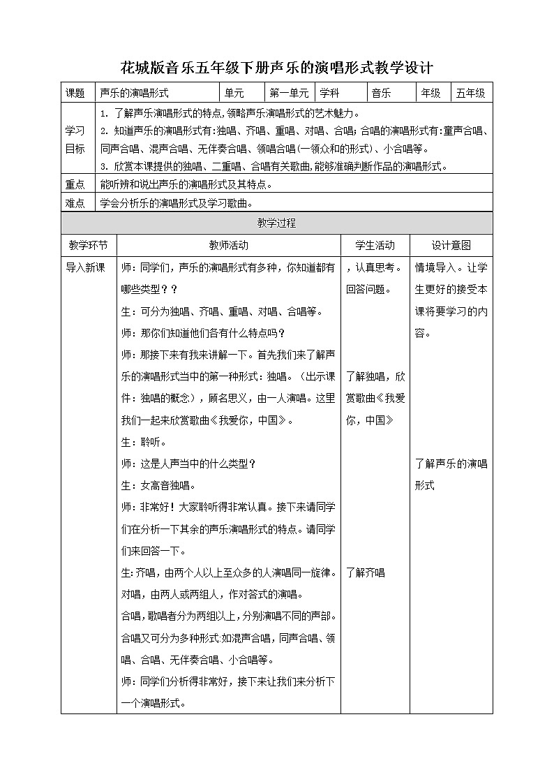 第五课 声乐的演唱形式 教案第1页