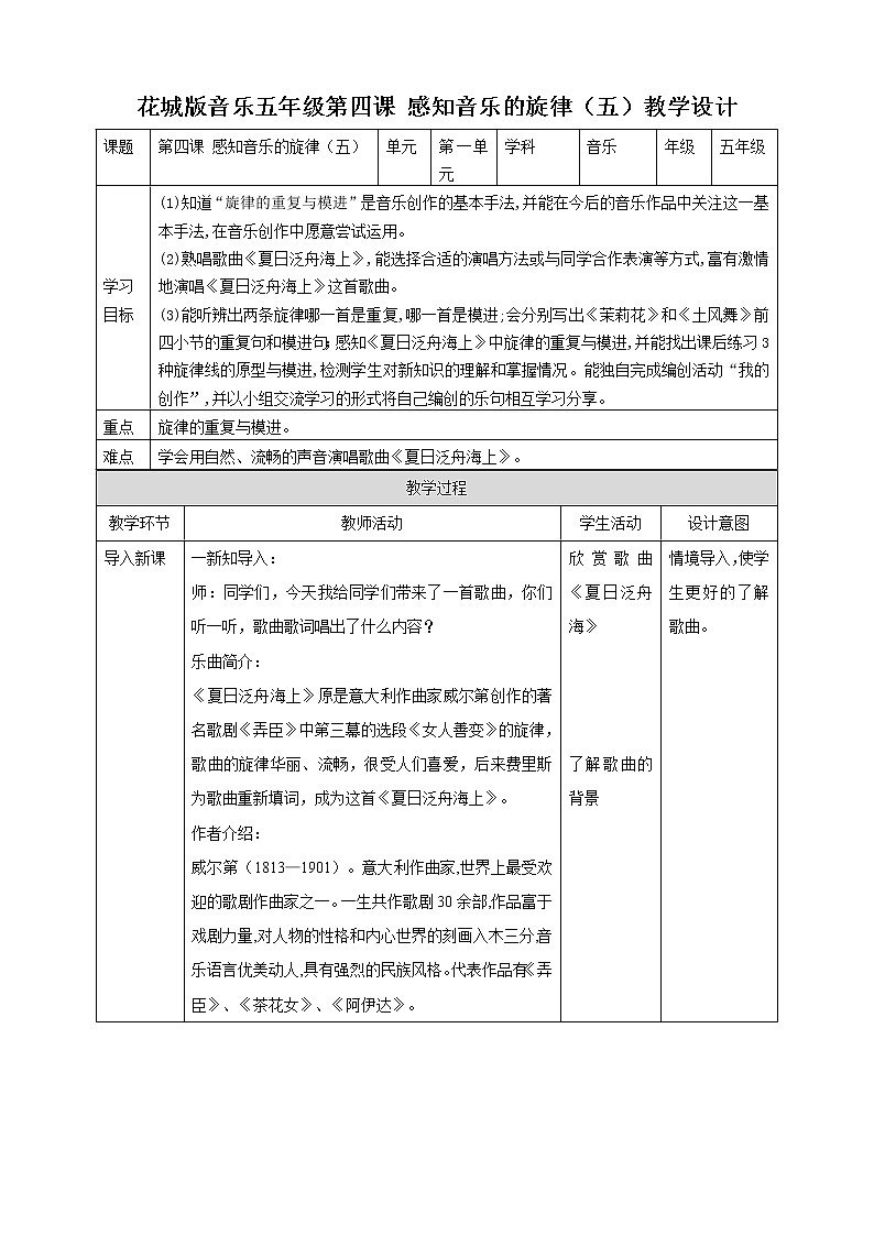 花城版五年级下册音乐第四课 《感知音乐的旋律》 课件PPT+教案01