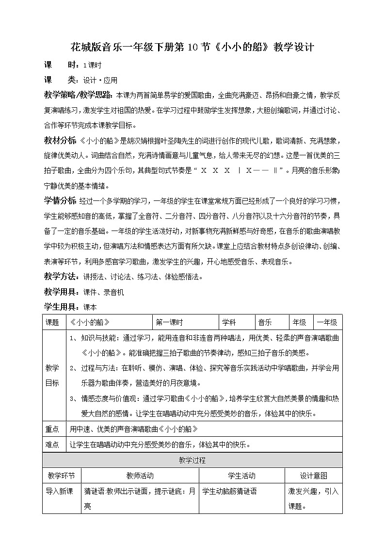小学音乐花城版一年级下册第10课第1课时《小小的船 》 课件（21张PPT）+教案+素材01