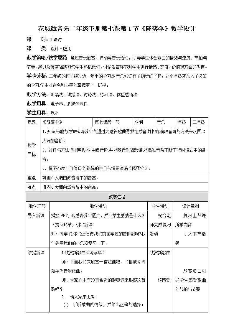 花城版二年级下册第七课 重温学过的音高与节奏第一课时 降落伞（课件+教案）01