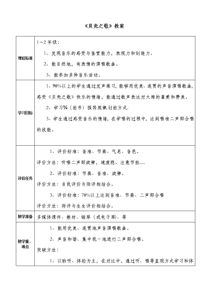 二年级上册音乐教案- 第十课 （演唱）贝壳之歌 湘艺版第1页