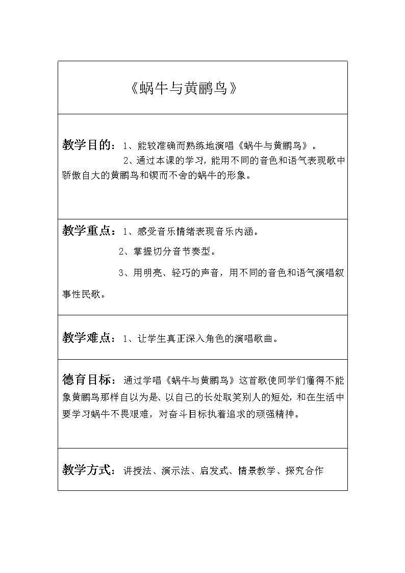 湘艺版 四年级下册音乐 第八课 蜗牛与黄鹂鸟｜教案 （表格式）第1页