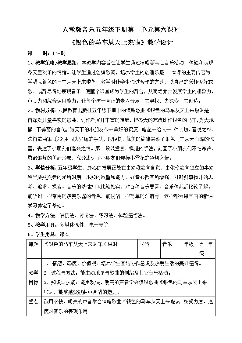人教版五年级下册音乐：1.6《银色的马车从天上来啦》课件+教案+音视频素材01