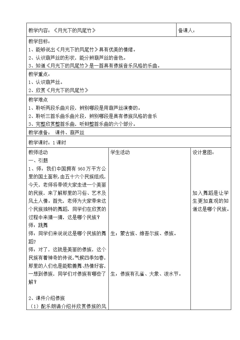 三年级下册音乐教案第六单元 欣赏 月光下的凤尾竹 ｜人教版  (2)第1页