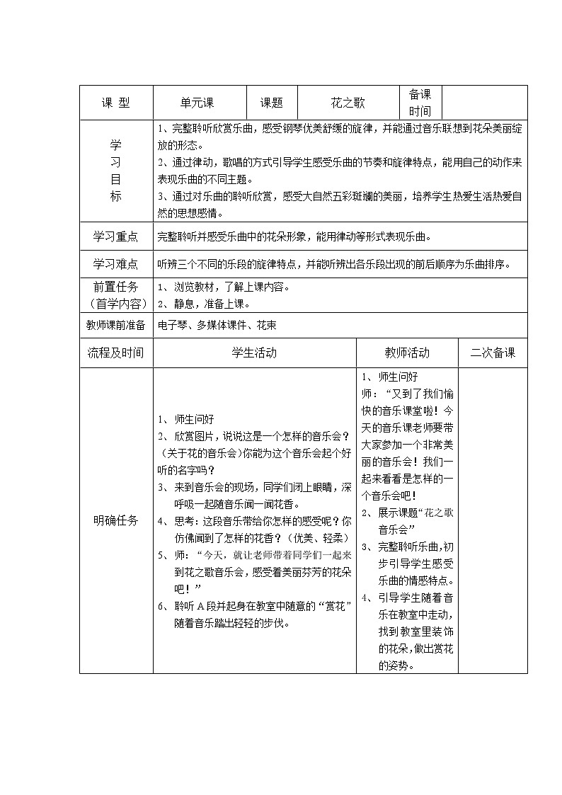 五年级下册音乐教案-6 《花之歌》 ︳人音版 （五线谱）第1页