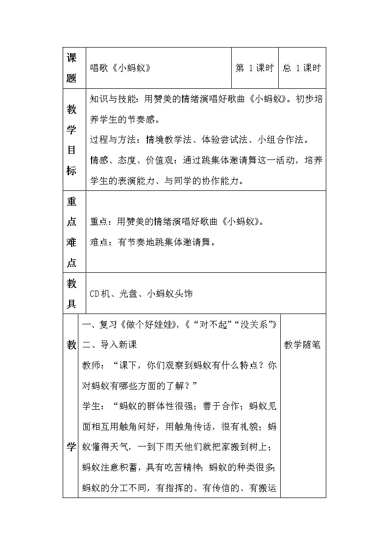 一年级下册音乐教案 - 第一单元《唱歌　小蚂蚁》人教版 (4)第1页