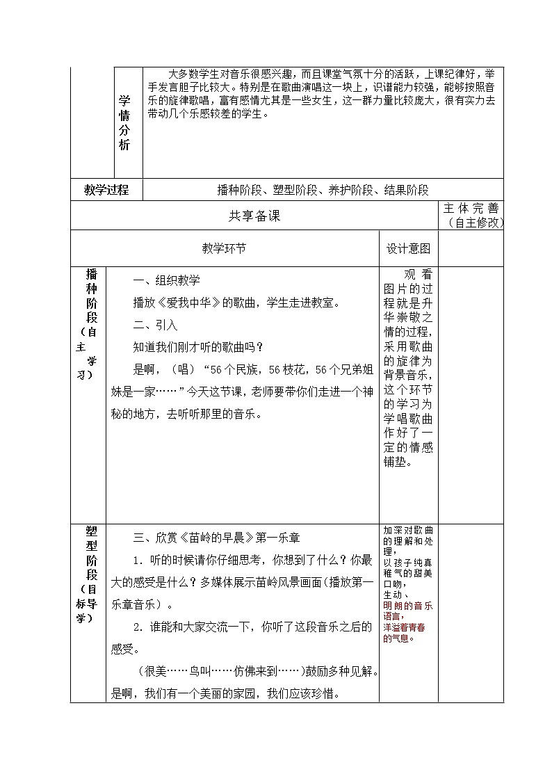 四年级下册音乐教案第二单元 欣赏 苗岭的早晨｜人教版 (3)第2页