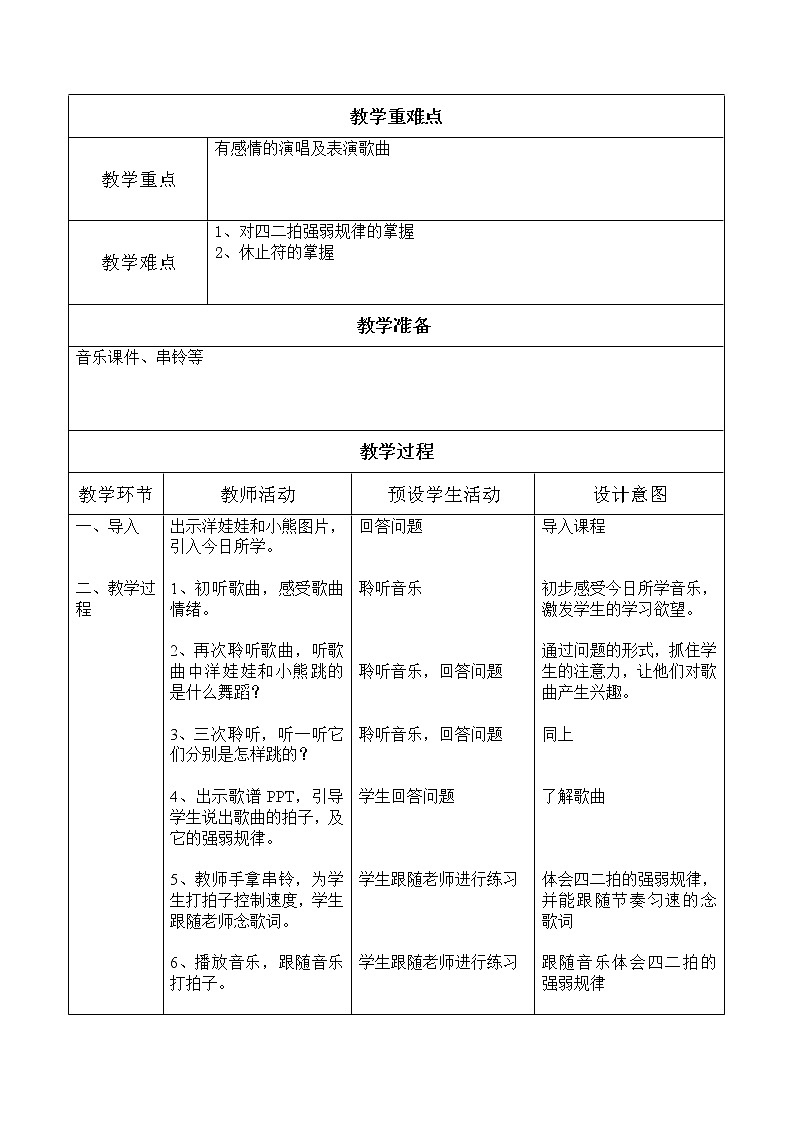 一年级下册音乐教案 第四单元 洋娃娃和小熊跳舞｜人教版02