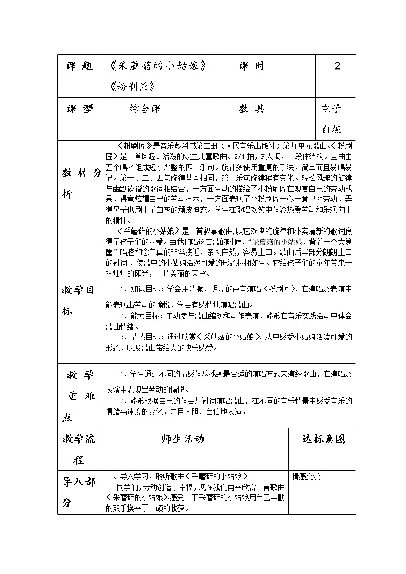 一年级下册音乐教案-7《粉刷匠》  ︳人音版 （五线谱）第1页