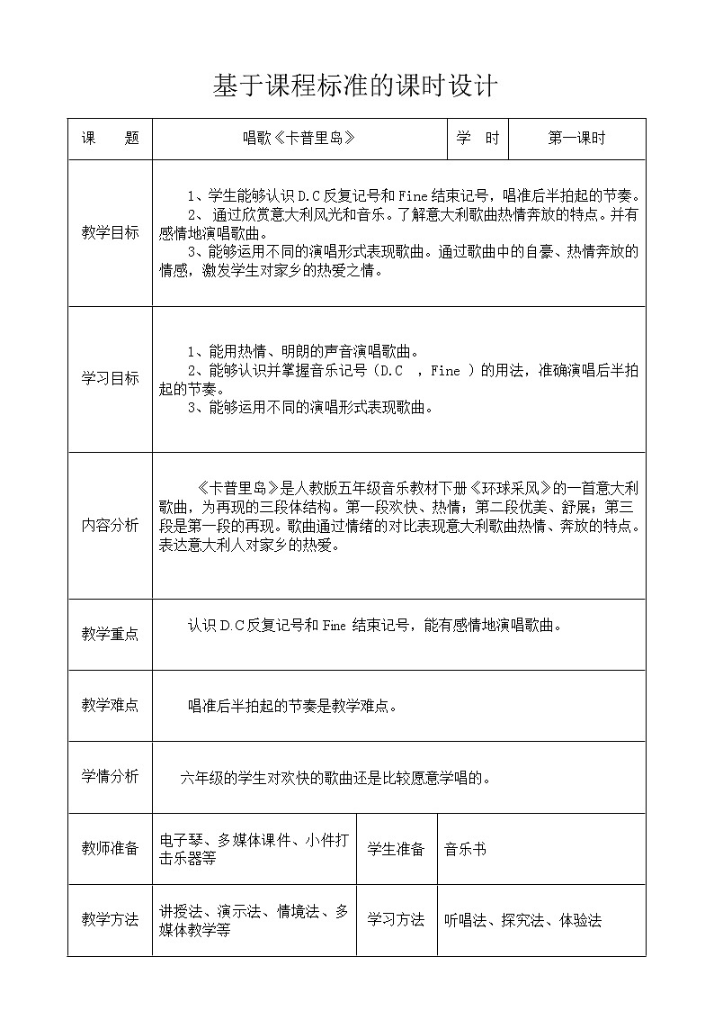 六年级下册音乐教案  （简谱） 卡普里岛(8)   人教版01