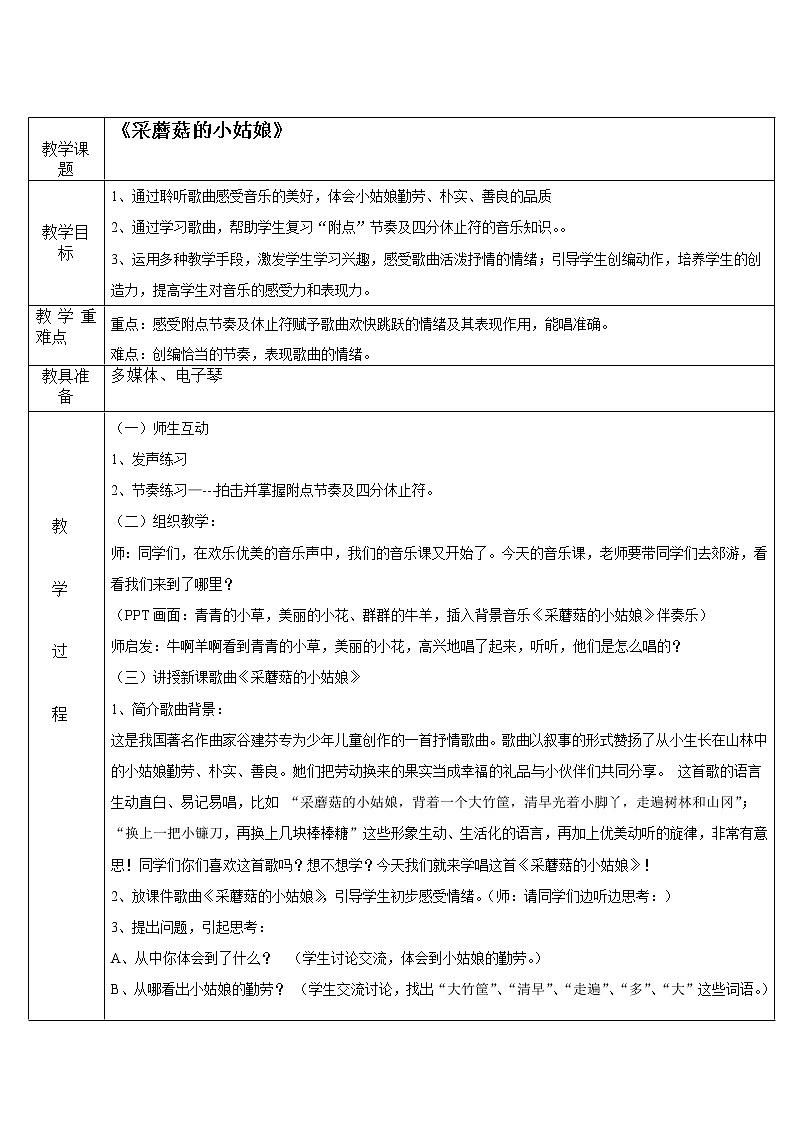 一年级下册音乐教案-7 《采蘑菇的小姑娘》 ︳人音版 （五线谱）   (1)01