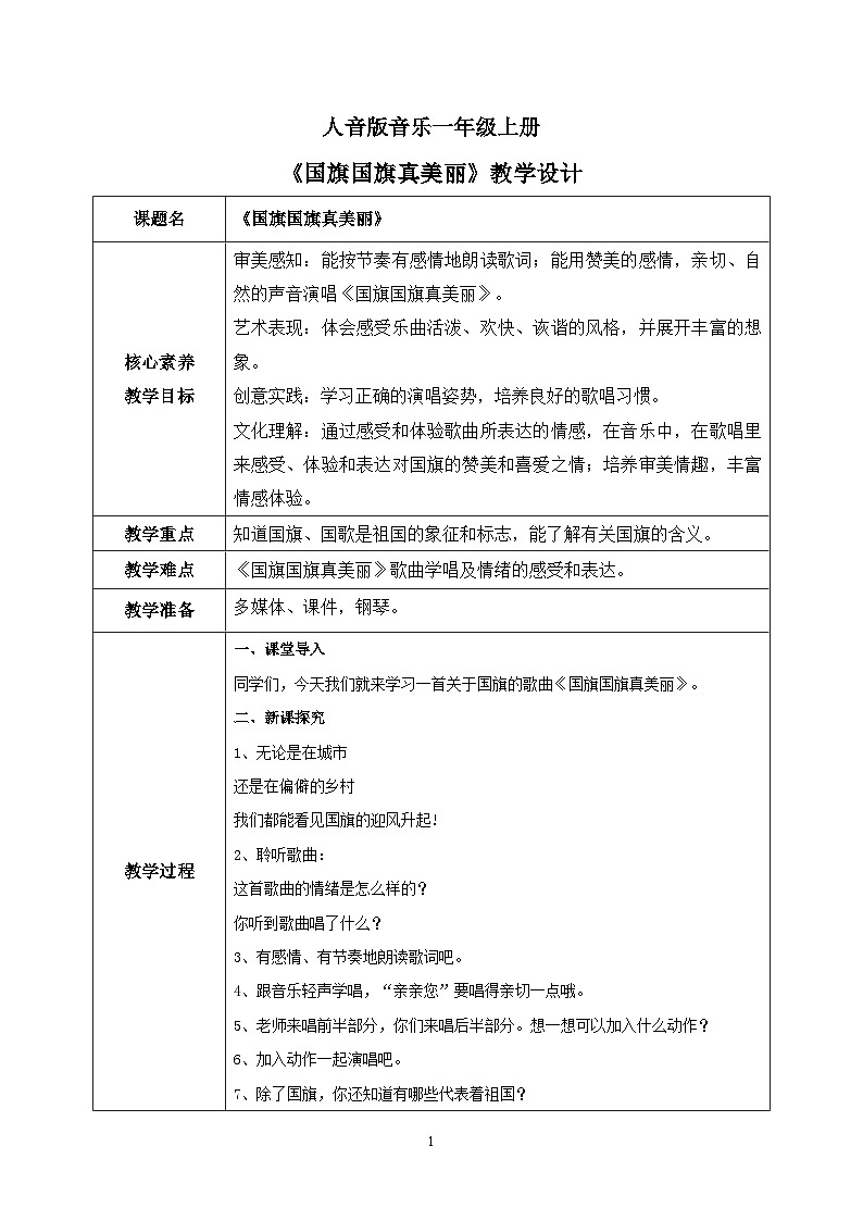 【核心素养目标】人音版（2012）音乐一上《国旗国旗真美丽》课件+教学设计+素材01