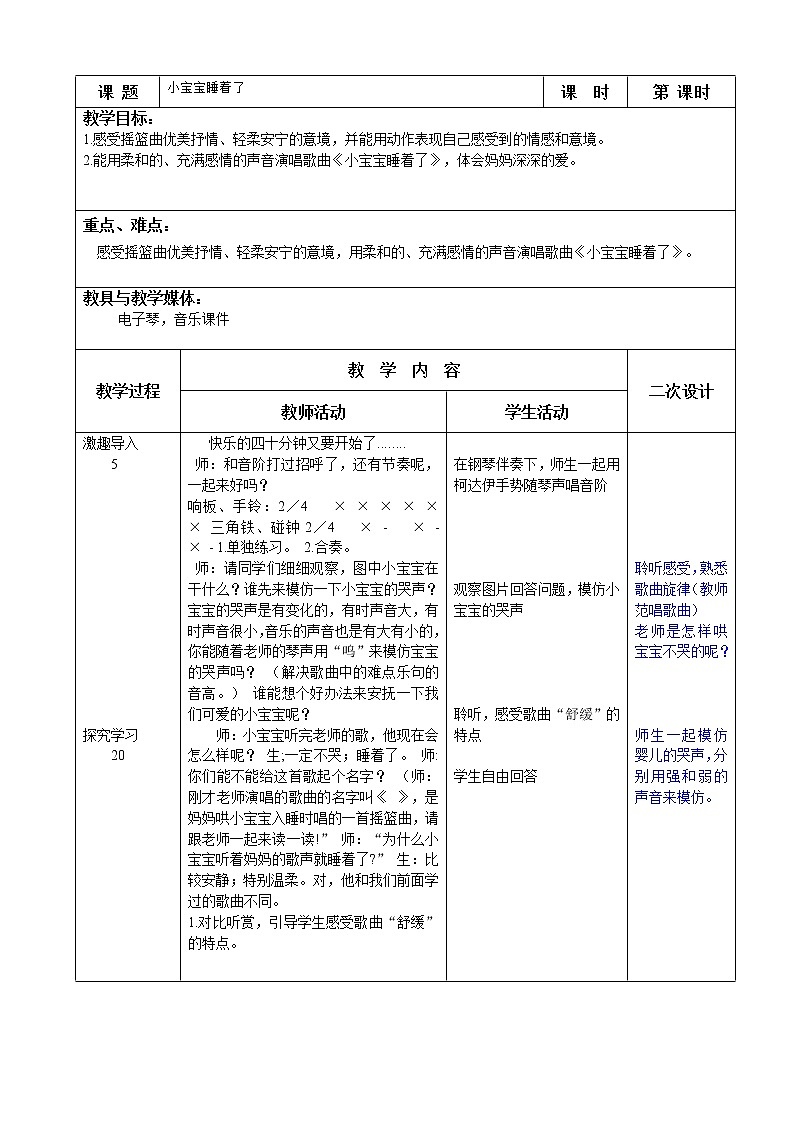 一年级下册音乐教案-6 《小宝宝睡着了》 ︳人音版 （五线谱）   (1)第1页