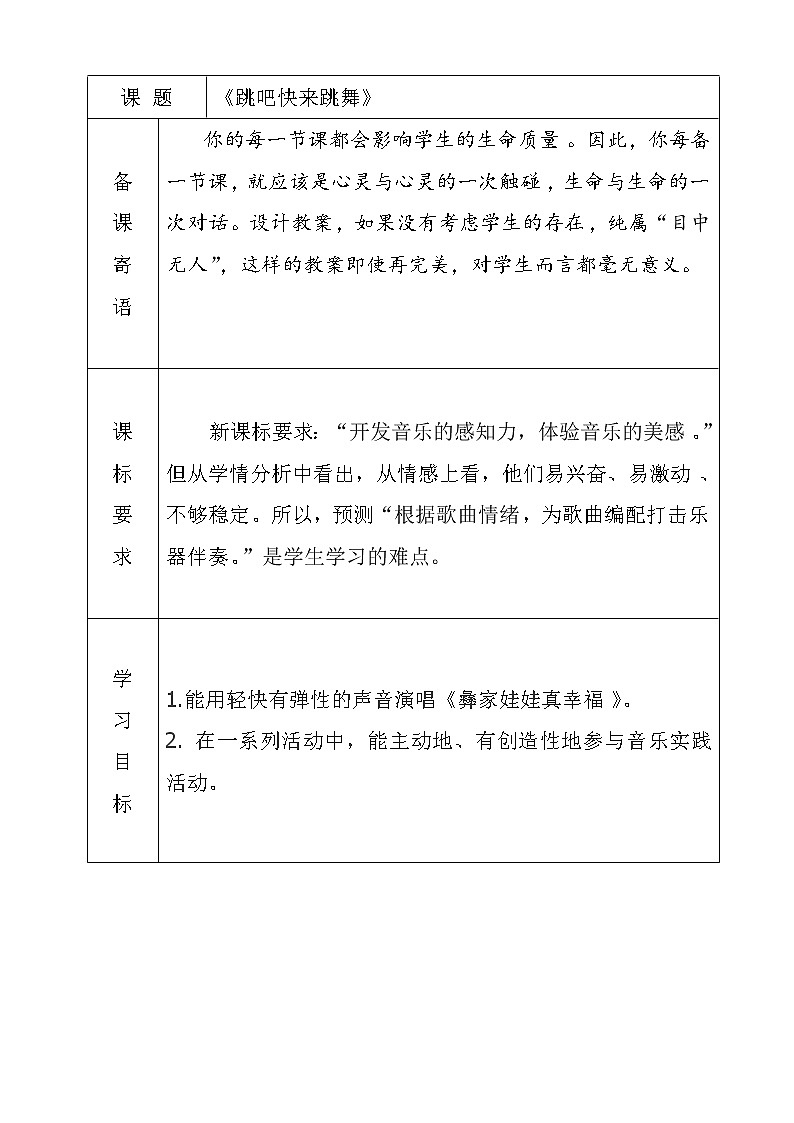 一年级下册音乐教案 第二课 跳呀，快来跳舞｜湘艺版  (1)第1页