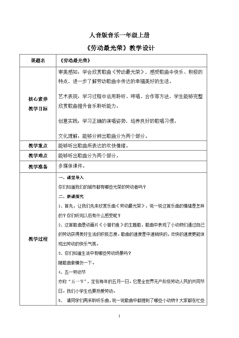 【核心素养目标】人音版（2012）音乐一上《劳动最光荣》课件+教学设计+素材01
