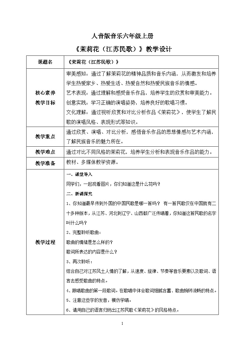 【核心素养目标】人音版（2012）音乐六上1.1茉莉花（江苏民歌）课件+教学设计+素材01