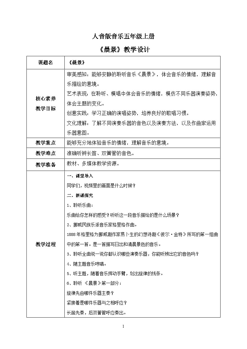 【核心素养】人音版音乐五上1.1 晨景课件PPT+教学设计+素材01