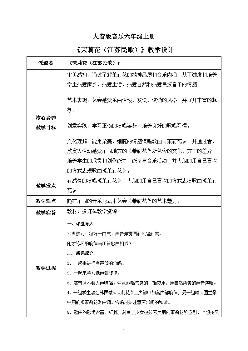 【核心素养目标】人音版（2012）音乐六上1.5茉莉花（江苏民歌）课件+教学设计+素材01
