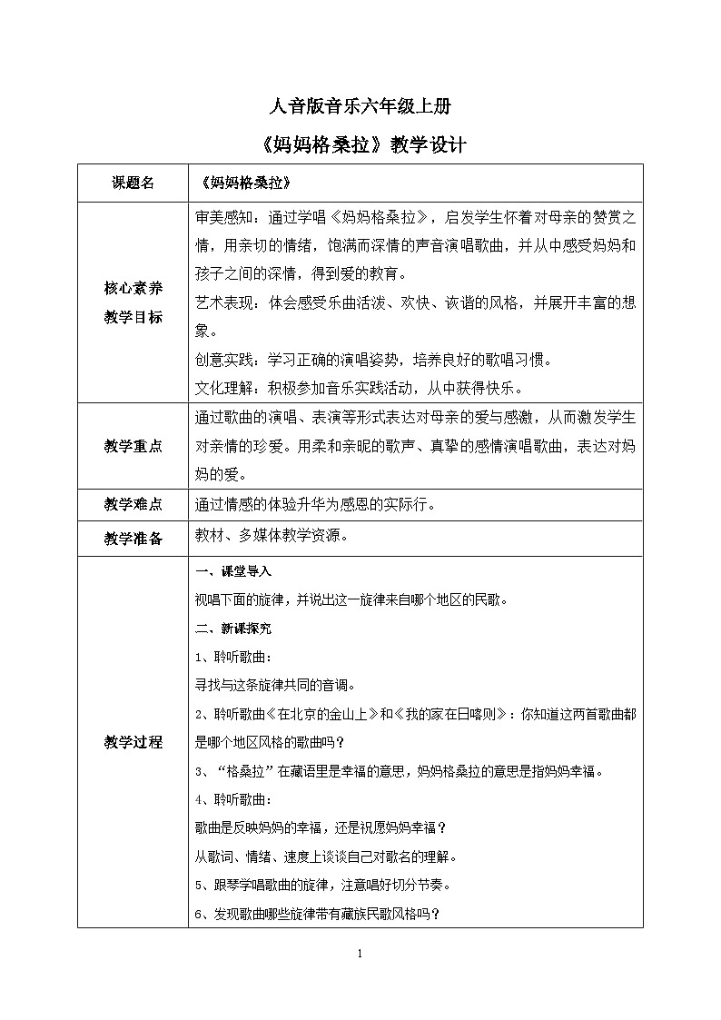 【核心素养目标】人音版（2012）音乐六上2.3妈妈格桑拉课件+教学设计+素材01