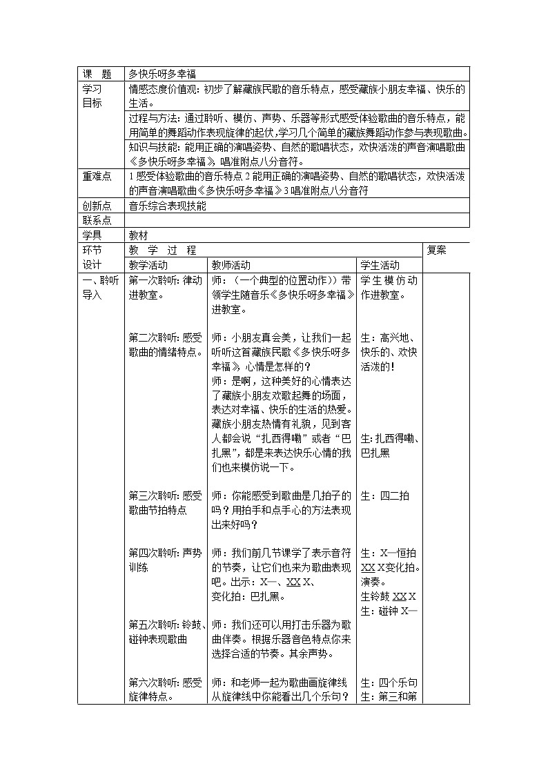 一年级下册音乐教案   第四单元 唱歌  多快乐啊多幸福｜人教版01