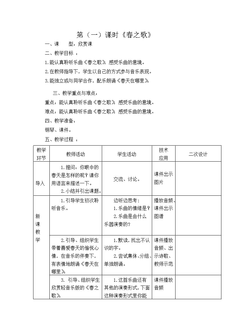 一年级下册音乐教案第二单元《欣赏 春之歌》 人教版 (1)01