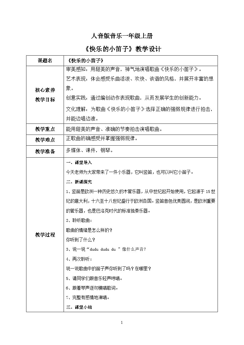 人音版（2012）音乐一上《快乐的小笛子》课件+教学设计01