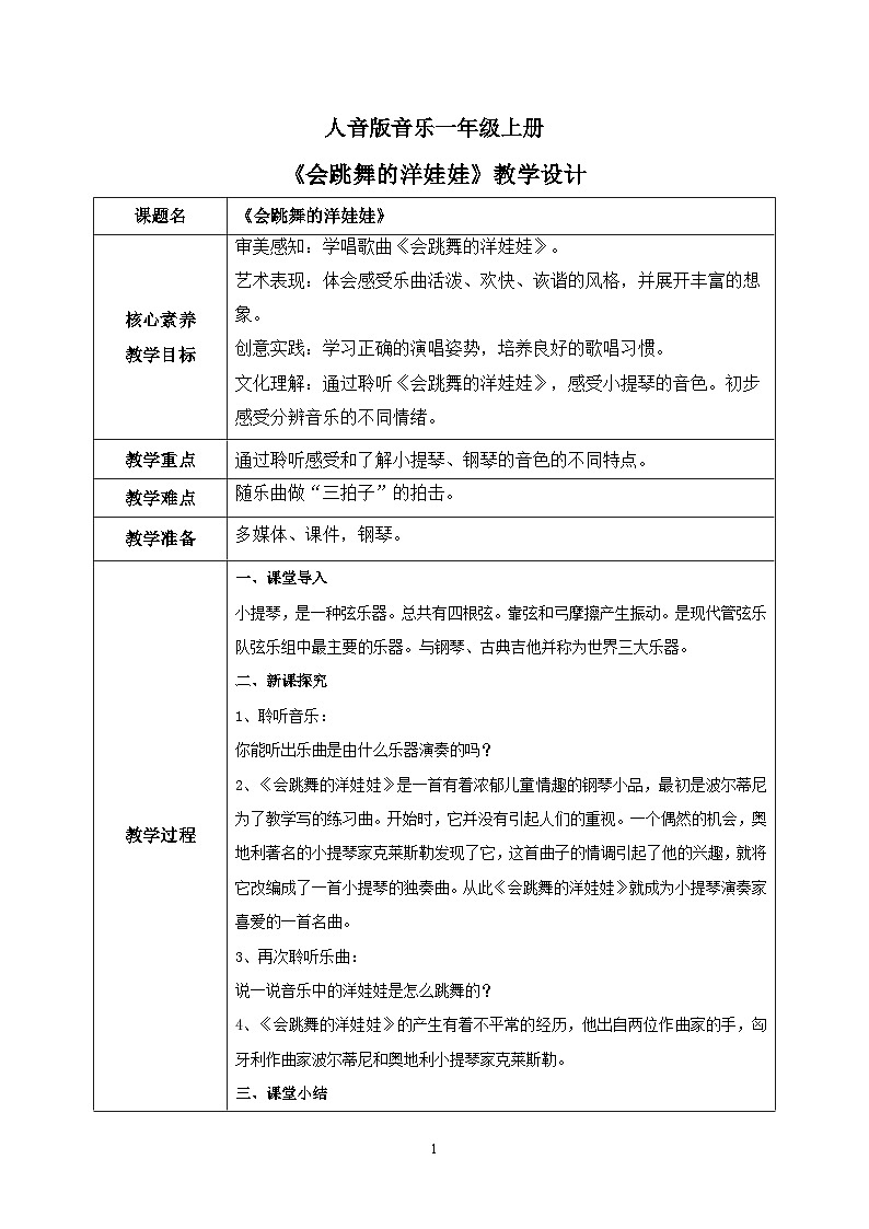 【核心素养目标】人音版（2012）音乐一上《会跳舞的洋娃娃》课件+教学设计+素材01