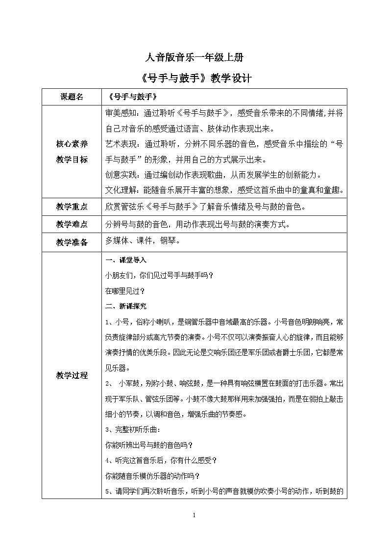 【核心素养目标】人音版（2012）音乐一上《号手与鼓手》课件+教学设计+素材01