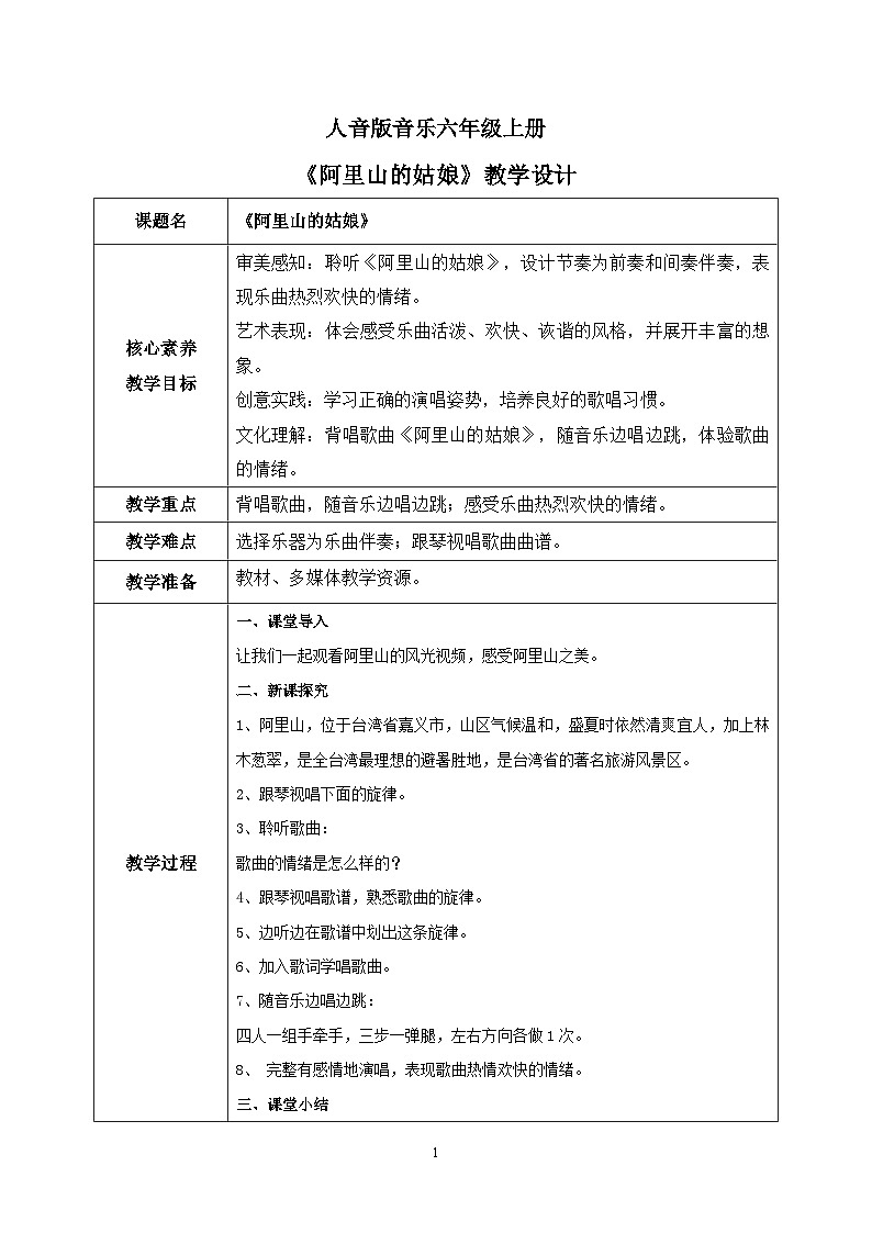 【核心素养目标】人音版（2012）音乐六上6.4 阿里山的姑娘 课件+教学设计+素材01