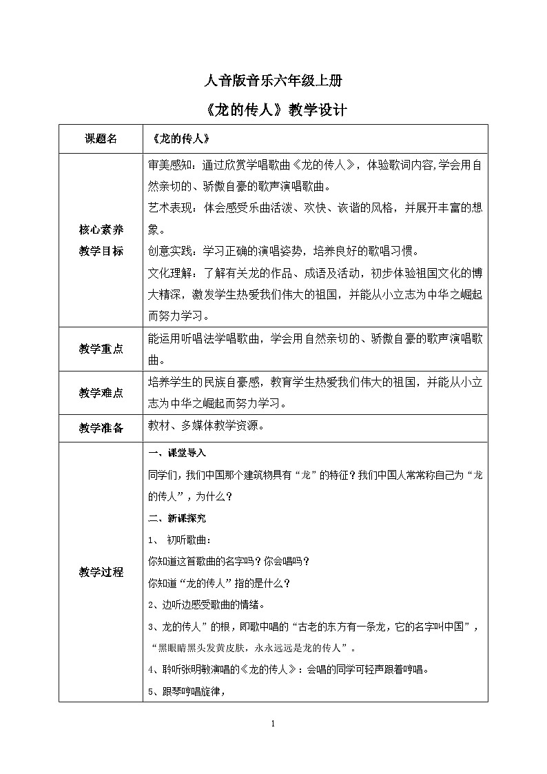 【核心素养目标】人音版（2012）音乐六上5.4 龙的传人 课件+教学设计+素材01