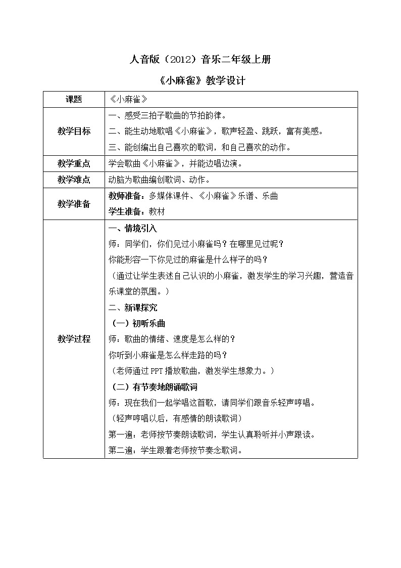 人音版（2012）音乐二年级上册《小麻雀》-教学设计第1页