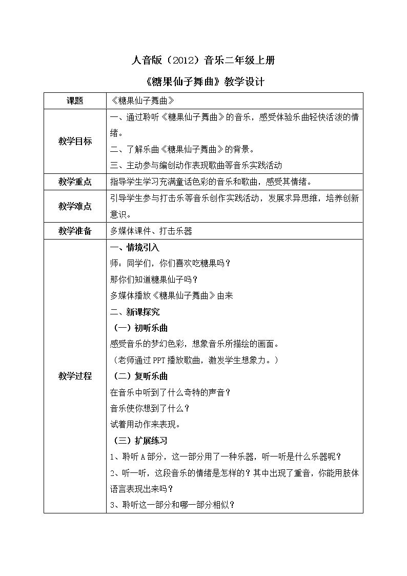 人音版（2012）音乐二年级上册《糖果仙子舞曲》-教学设计01