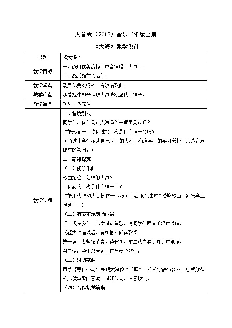 人音版（2012）音乐二年级上册《大海》-教学设计第1页