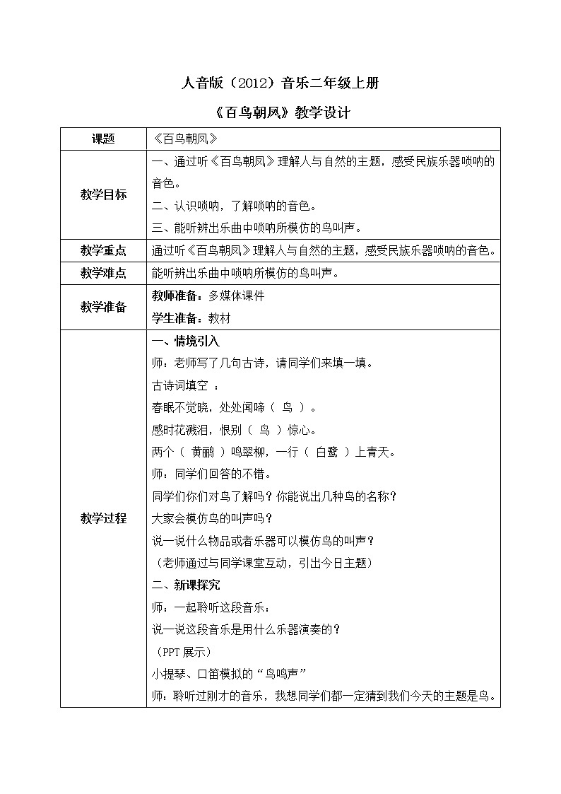 人音版（2012）音乐二年级上册《百鸟朝凤》-教学设计第1页
