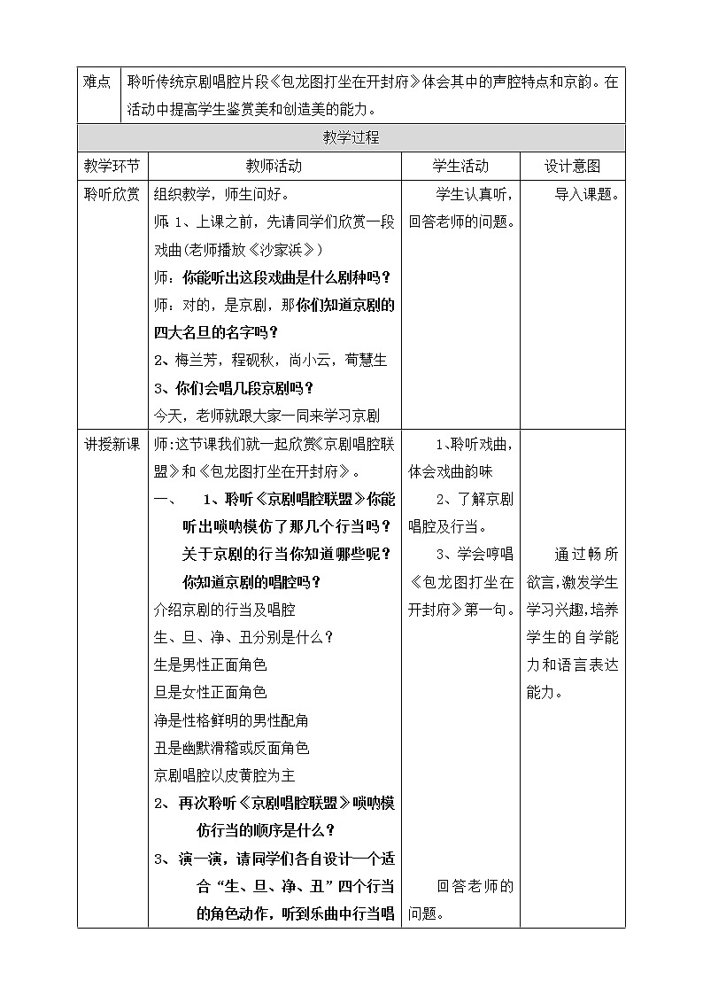 六年级上册音乐教案--4《京剧唱腔联盟》+《包龙图打坐在开封府》 人音版02