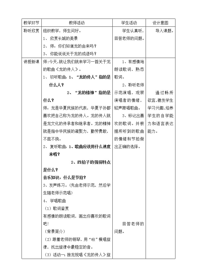 六年级上册音乐教案--5 《龙的传人》 人音版02
