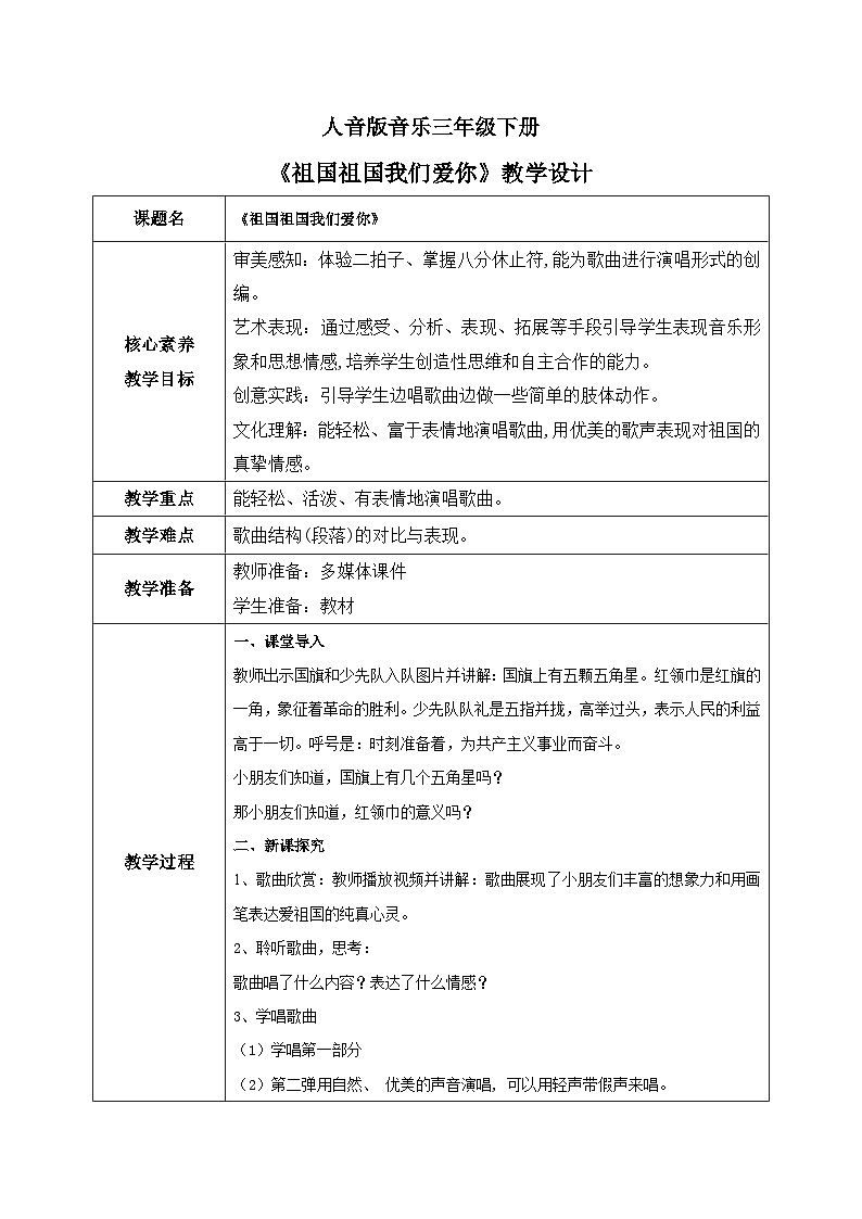【核心素养目标】人音版（2012）音乐三下1.4 祖国祖国我们爱你 课件+教学设计+素材01