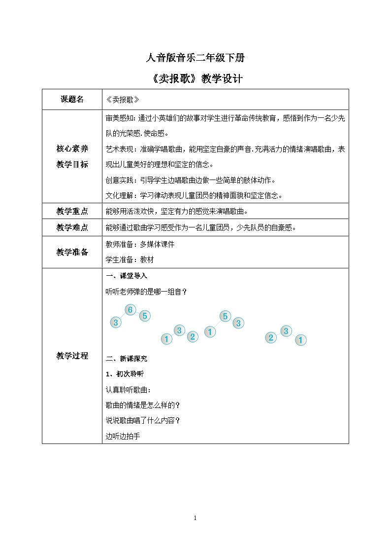【核心素养目标】人音版音乐二下2.4 卖报歌 教学设计第1页