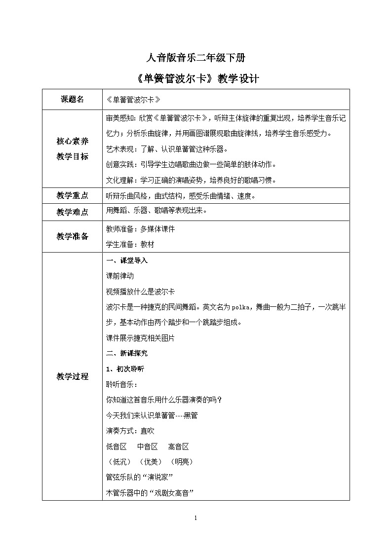 【核心素养目标】人音版音乐二下7.1 单簧管波尔卡 课件+教学设计+素材01