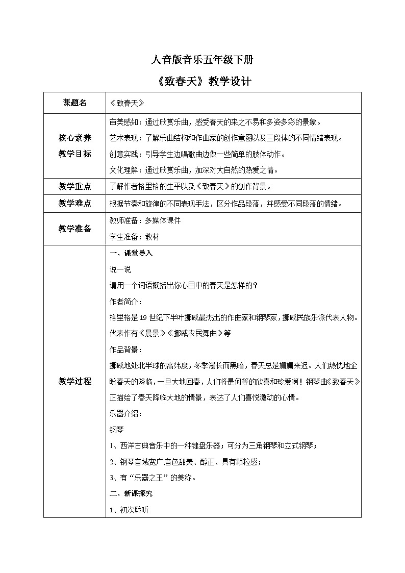 【核心素养目标】人音版音乐五下1.1 致春天 课件+教学设计+素材01