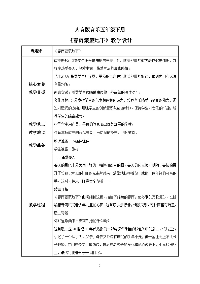 【核心素养目标】人音版音乐五下1.4 春雨蒙蒙地下 课件+教学设计+素材01