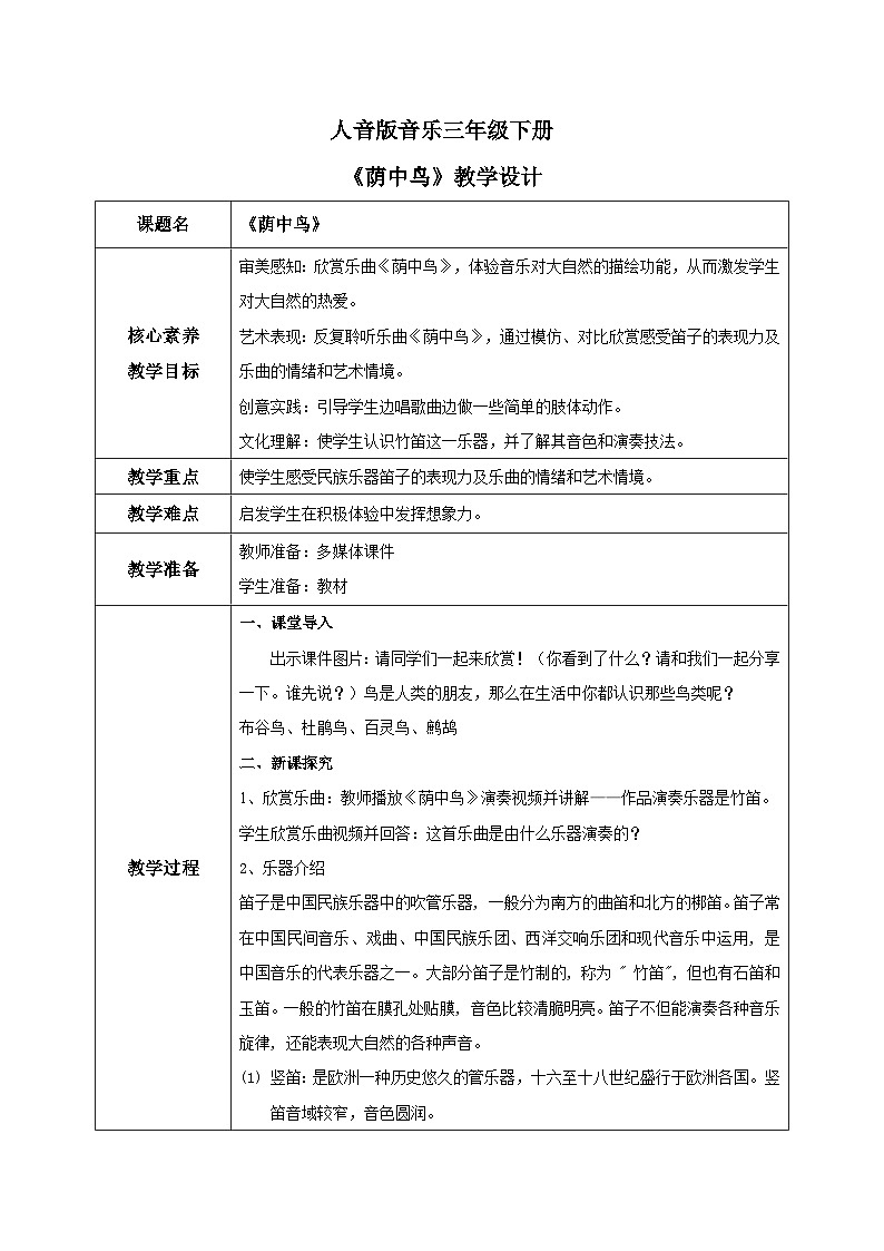 【核心素养目标】人音版（2012）音乐三下3.2 荫中鸟 课件+教学设计+素材01