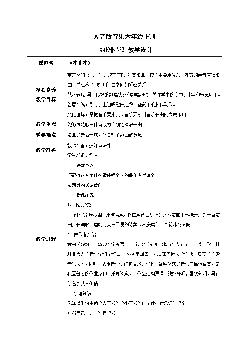 【核心素养目标】人音版（2012）音乐六下1.4 花非花 课件+教学设计+素材01