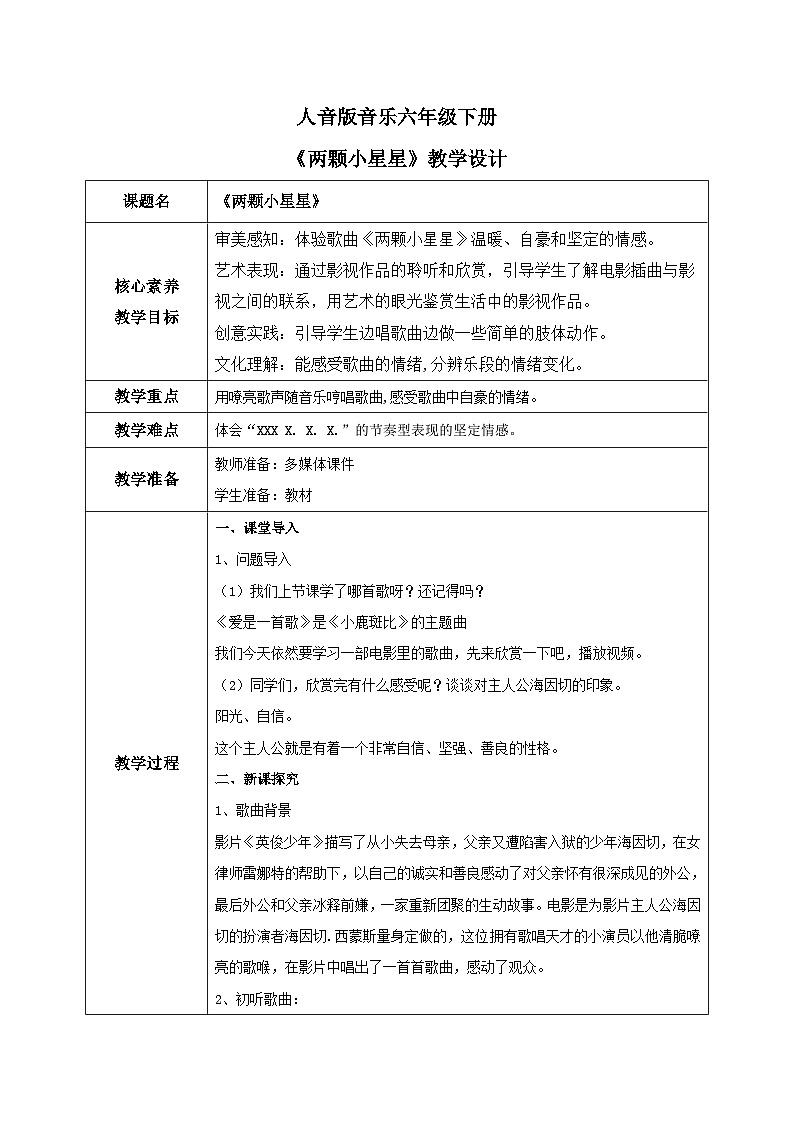 【核心素养目标】人音版（2012）音乐六下3.2 两颗小星星 课件+教学设计+素材01