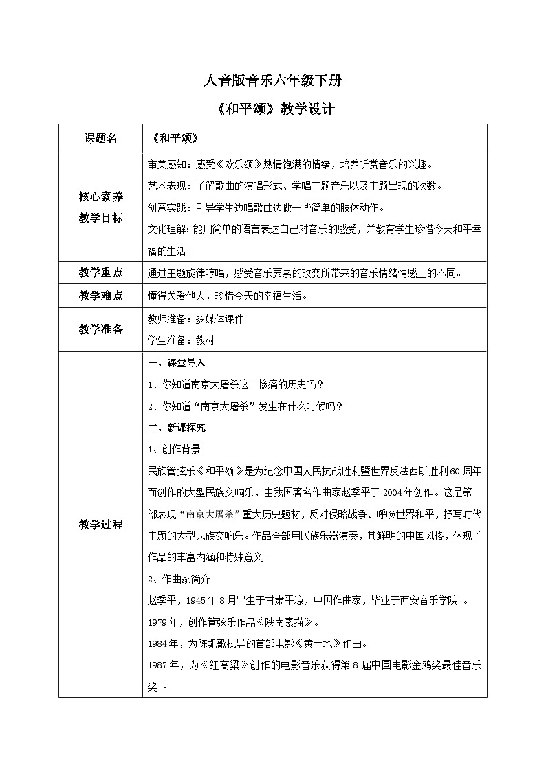 【核心素养目标】人音版（2012）音乐六下7.1 和平颂（片段）课件+教学设计+素材01