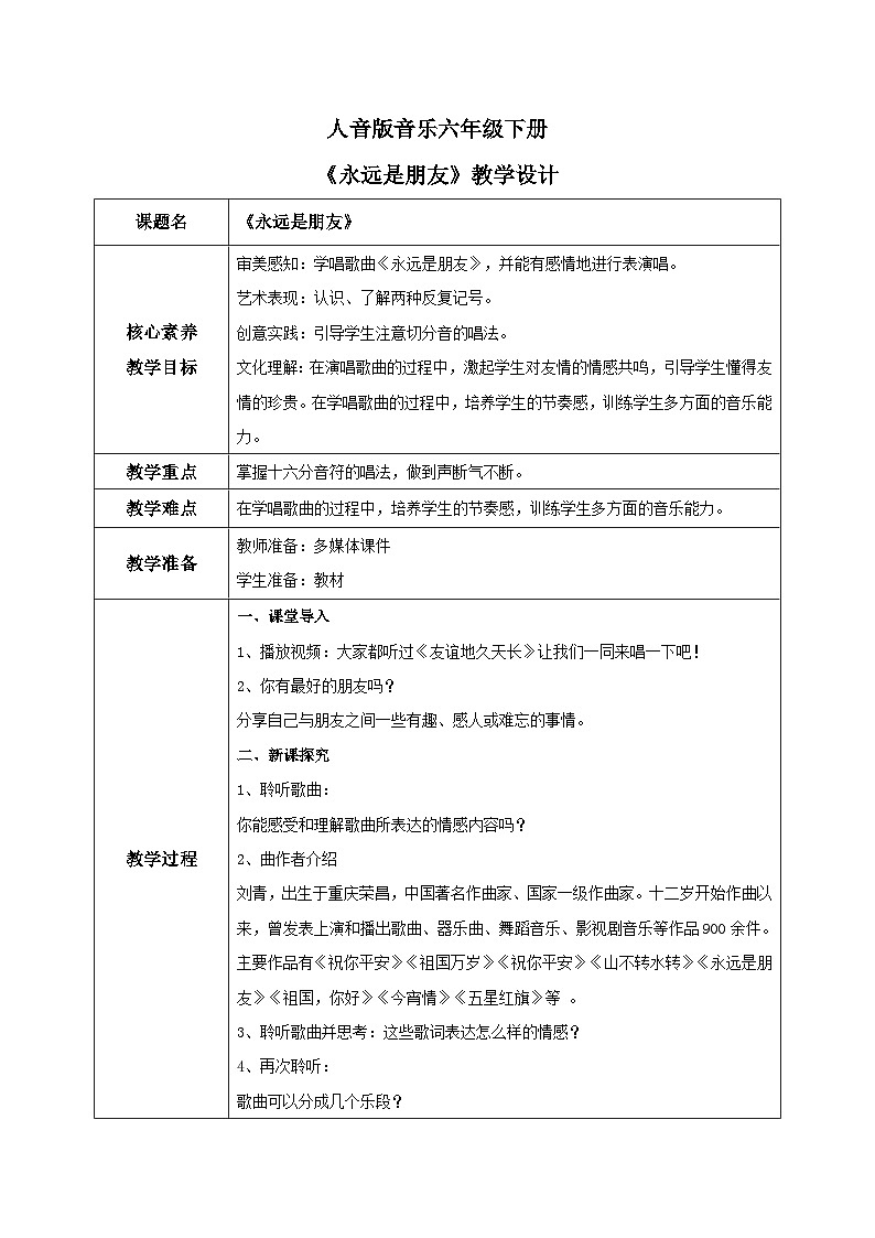 【核心素养目标】人音版（2012）音乐六下7.3 永远是朋友 课件+教学设计+素材01