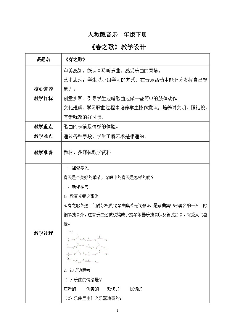 【核心素养目标】人教版（2012）音乐一下2.1 春之歌 课件+教学设计+音视频素材01