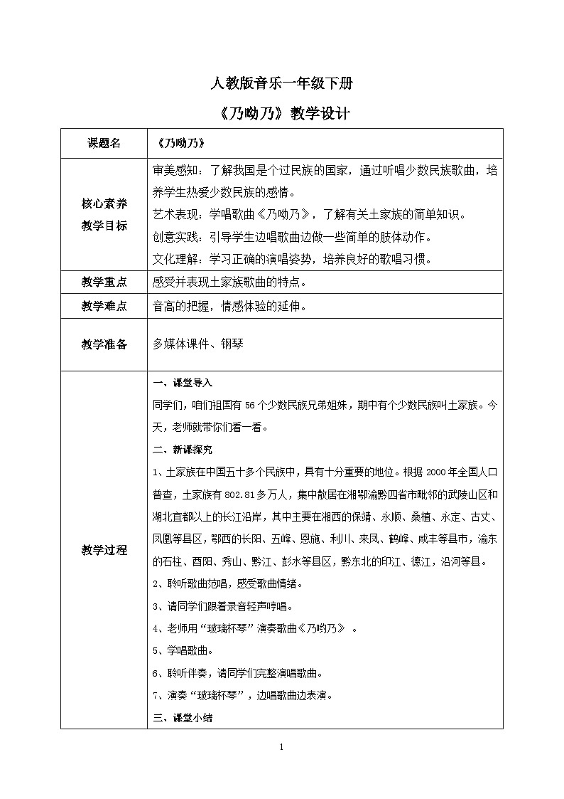 【核心素养目标】人教版（2012）音乐一下5.6 乃呦乃 课件+教学设计+音视频素材01